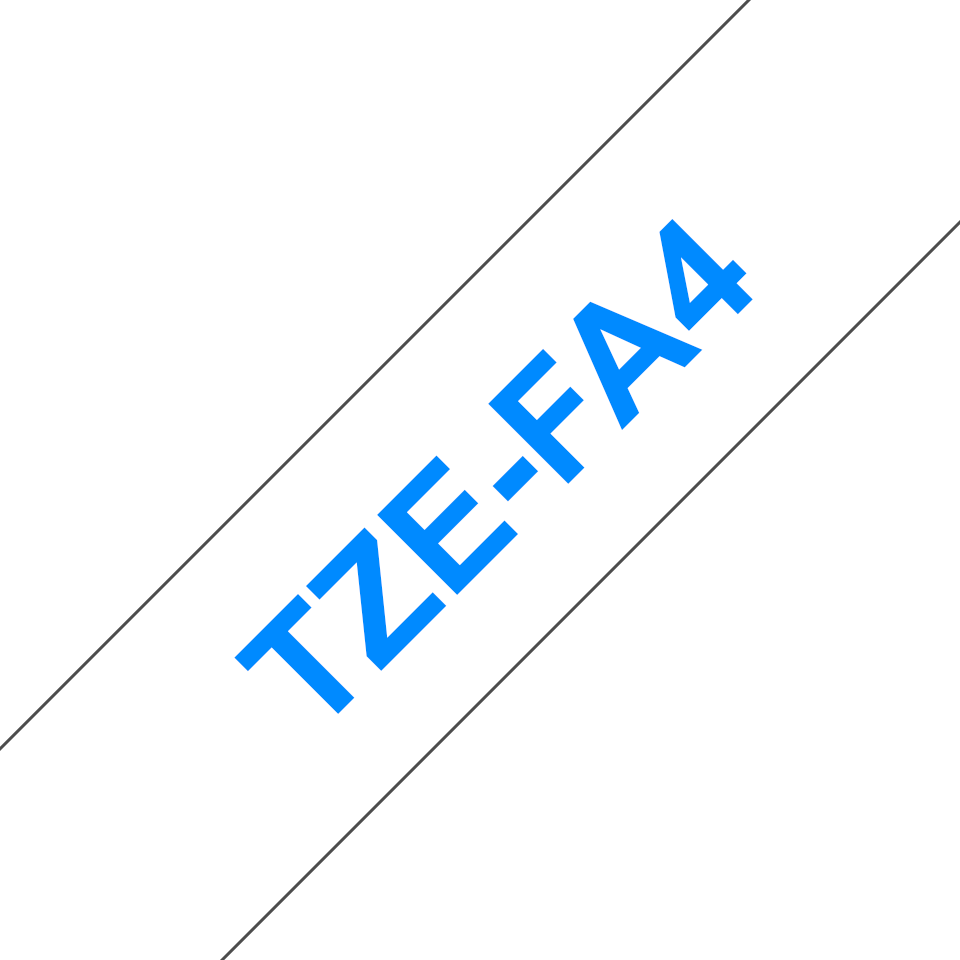 Oryginalna taśma z włókna TZe-FA4 do prasowania na gorąco – niebieski nadruk na białym tle, 18 mm szerokości